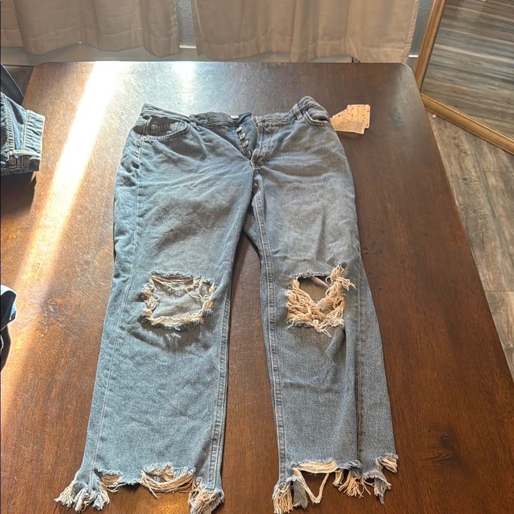 We The Free Blue Boyfriend Jeans with Distressed Details